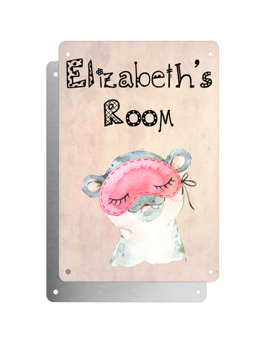 Cute Animal Personalised Name Plaque – Baby Hippo With Sleep Mask | Vintage-Style Aluminium Sign for Kids’ Room