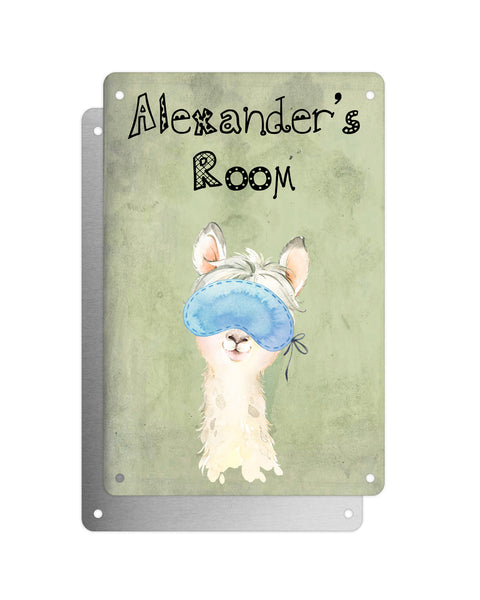 Cute Animal Personalised Name Plaque – Little White Llama With Sleep Mask | Vintage-Style Green Aluminium Sign for Kids’ Room