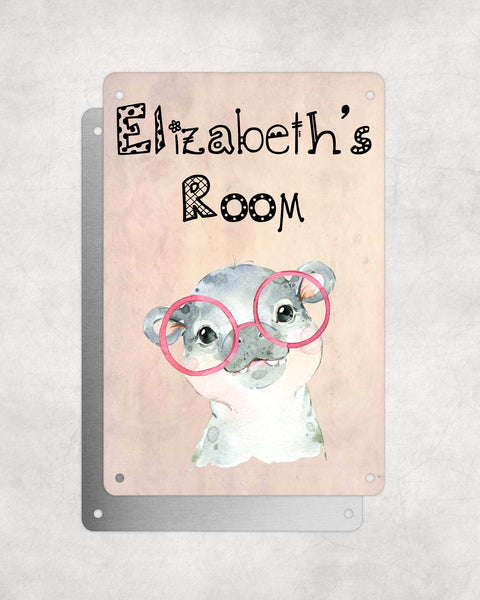 Cute Animal Personalised Name Plaque – Baby Hippo With Pink Glasses | Vintage-Style Aluminium Sign for Kids’ Room