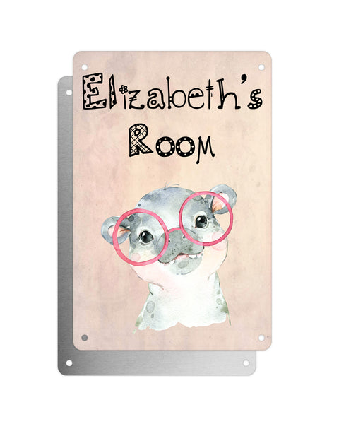 Cute Animal Personalised Name Plaque – Baby Hippo With Pink Glasses | Vintage-Style Aluminium Sign for Kids’ Room