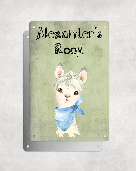 Cute Animal Personalised Name Plaque – Little White Llama With Blue Neck Tie | Vintage-Style Green Aluminium Sign for Kids’ Room