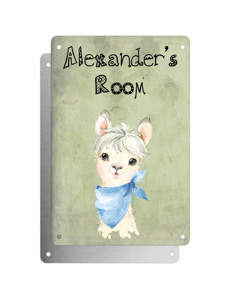 Cute Animal Personalised Name Plaque – Little White Llama With Blue Neck Tie | Vintage-Style Green Aluminium Sign for Kids’ Room