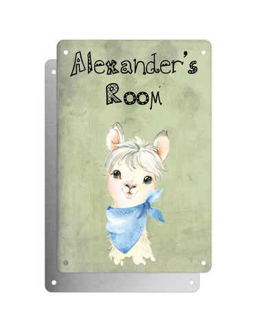 Cute Animal Personalised Name Plaque – Little White Llama With Blue Neck Tie | Vintage-Style Green Aluminium Sign for Kids’ Room
