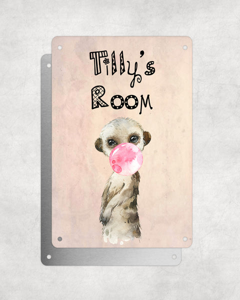 Cute Animal Personalised Name Plaque – Baby Meerkat With Bubblegum | Vintage-Style Aluminium Sign for Kids’ Room