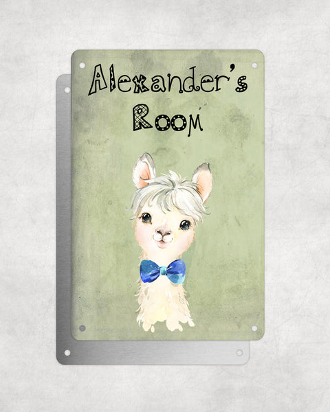 Cute Animal Personalised Name Plaque – Little White Llama With Blue Bow Tie | Vintage-Style Green Aluminium Sign for Kids’ Room