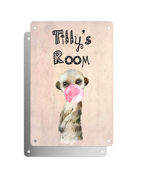 Cute Animal Personalised Name Plaque – Baby Meerkat With Bubblegum | Vintage-Style Aluminium Sign for Kids’ Room