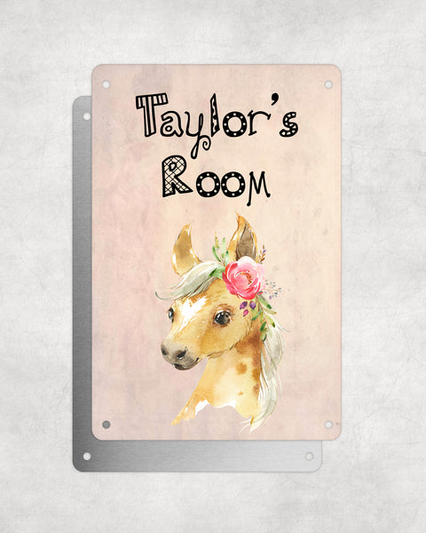 Cute Animal Personalised Name Plaque – Baby Foal With Flower | Vintage-Style Aluminium Sign for Kids’ Room