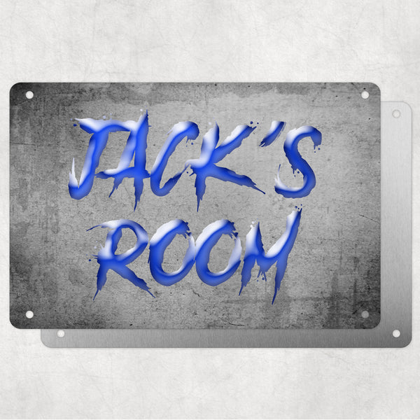 Boys Personalised Bedroom Name Plaque – Aluminium Metal Sign | Blue Slash Font | Gift for Him