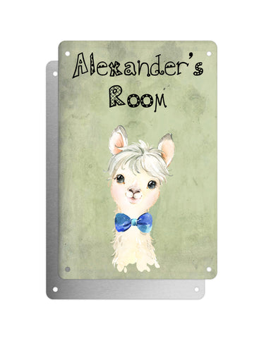 Cute Animal Personalised Name Plaque – Little White Llama With Blue Bow Tie | Vintage-Style Green Aluminium Sign for Kids’ Room