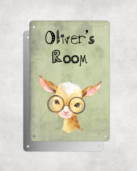 Cute Animal Personalised Name Plaque – Baby Goat With Brown Glasses | Vintage-Style Green Aluminium Sign for Kids’ Room