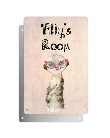 Cute Animal Personalised Name Plaque – Baby Meerkat With Red Glasses | Vintage-Style Aluminium Sign for Kids’ Room