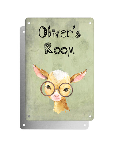 Cute Animal Personalised Name Plaque – Baby Goat With Brown Glasses | Vintage-Style Green Aluminium Sign for Kids’ Room