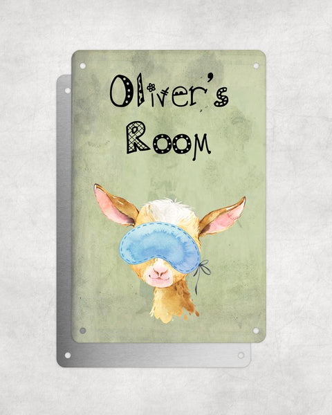 Cute Animal Personalised Name Plaque – Baby Goat With Sleep Mask | Vintage-Style Green Aluminium Sign for Kids’ Room