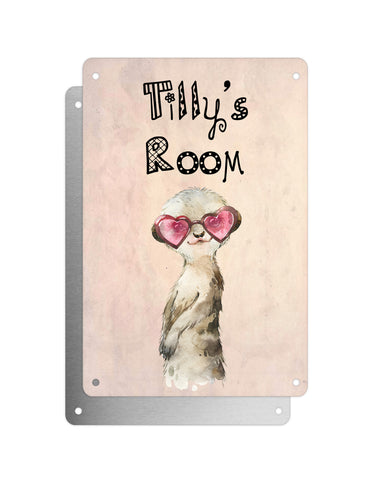 Cute Animal Personalised Name Plaque – Baby Meerkat With Heart Glasses | Vintage-Style Aluminium Sign for Kids’ Room