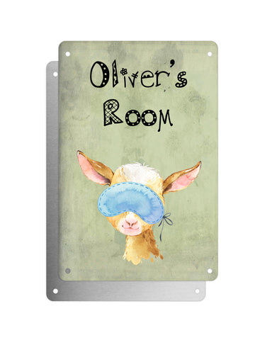 Cute Animal Personalised Name Plaque – Baby Goat With Sleep Mask | Vintage-Style Green Aluminium Sign for Kids’ Room