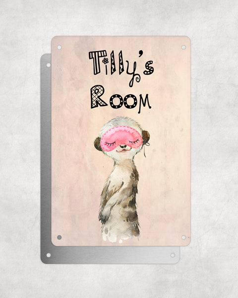Cute Animal Personalised Name Plaque – Baby Meerkat With Sleep Mask | Vintage-Style Aluminium Sign for Kids’ Room
