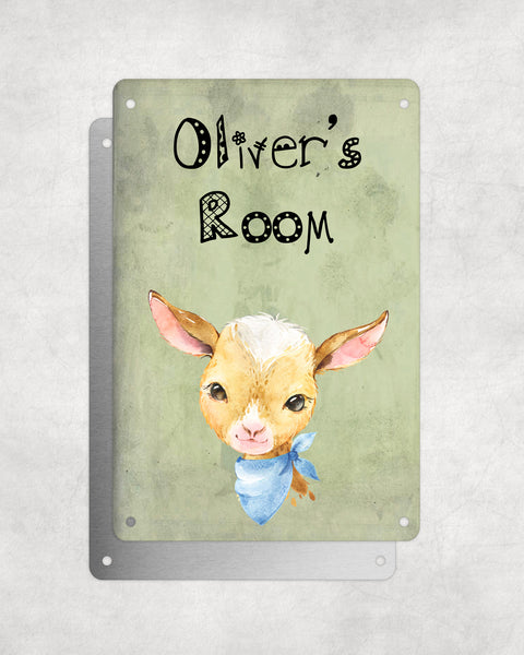 Cute Animal Personalised Name Plaque – Baby Goat With Blue Neck Tie | Vintage-Style Green Aluminium Sign for Kids’ Room