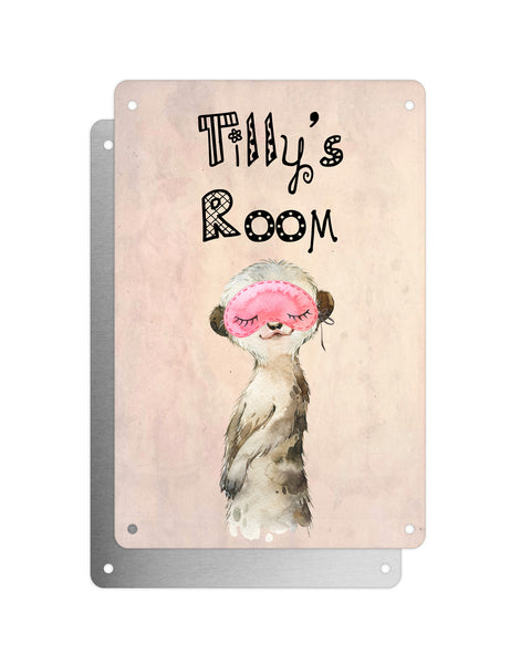 Cute Animal Personalised Name Plaque – Baby Meerkat With Sleep Mask | Vintage-Style Aluminium Sign for Kids’ Room