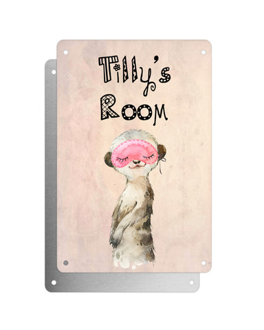Cute Animal Personalised Name Plaque – Baby Meerkat With Sleep Mask | Vintage-Style Aluminium Sign for Kids’ Room