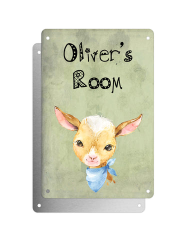 Cute Animal Personalised Name Plaque – Baby Goat With Blue Neck Tie | Vintage-Style Green Aluminium Sign for Kids’ Room