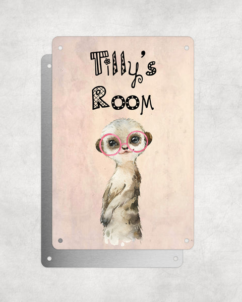 Cute Animal Personalised Name Plaque – Baby Meerkat With Pink Glasses | Vintage-Style Aluminium Sign for Kids’ Room