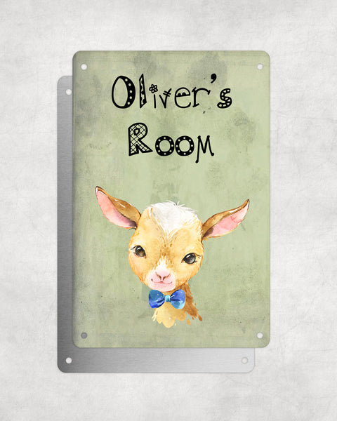 Cute Animal Personalised Name Plaque – Baby Goat With Blue Bow Tie | Vintage-Style Green Aluminium Sign for Kids’ Room