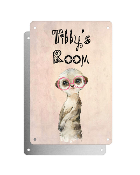 Cute Animal Personalised Name Plaque – Baby Meerkat With Pink Glasses | Vintage-Style Aluminium Sign for Kids’ Room
