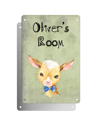 Cute Animal Personalised Name Plaque – Baby Goat With Blue Bow Tie | Vintage-Style Green Aluminium Sign for Kids’ Room