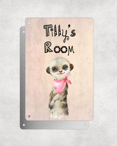 Cute Animal Personalised Name Plaque – Baby Meerkat With Pink Neck Tie | Vintage-Style Aluminium Sign for Kids’ Room