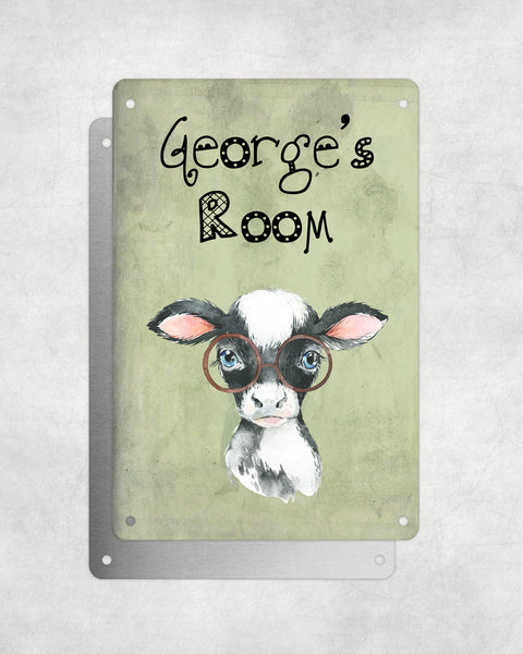 Cute Animal Personalised Name Plaque – Baby Cow With Brown Glasses | Vintage-Style Green Aluminium Sign for Kids’ Room