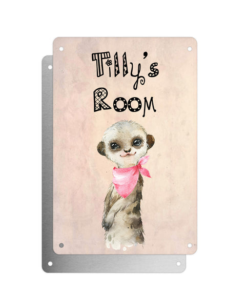 Cute Animal Personalised Name Plaque – Baby Meerkat With Pink Neck Tie | Vintage-Style Aluminium Sign for Kids’ Room