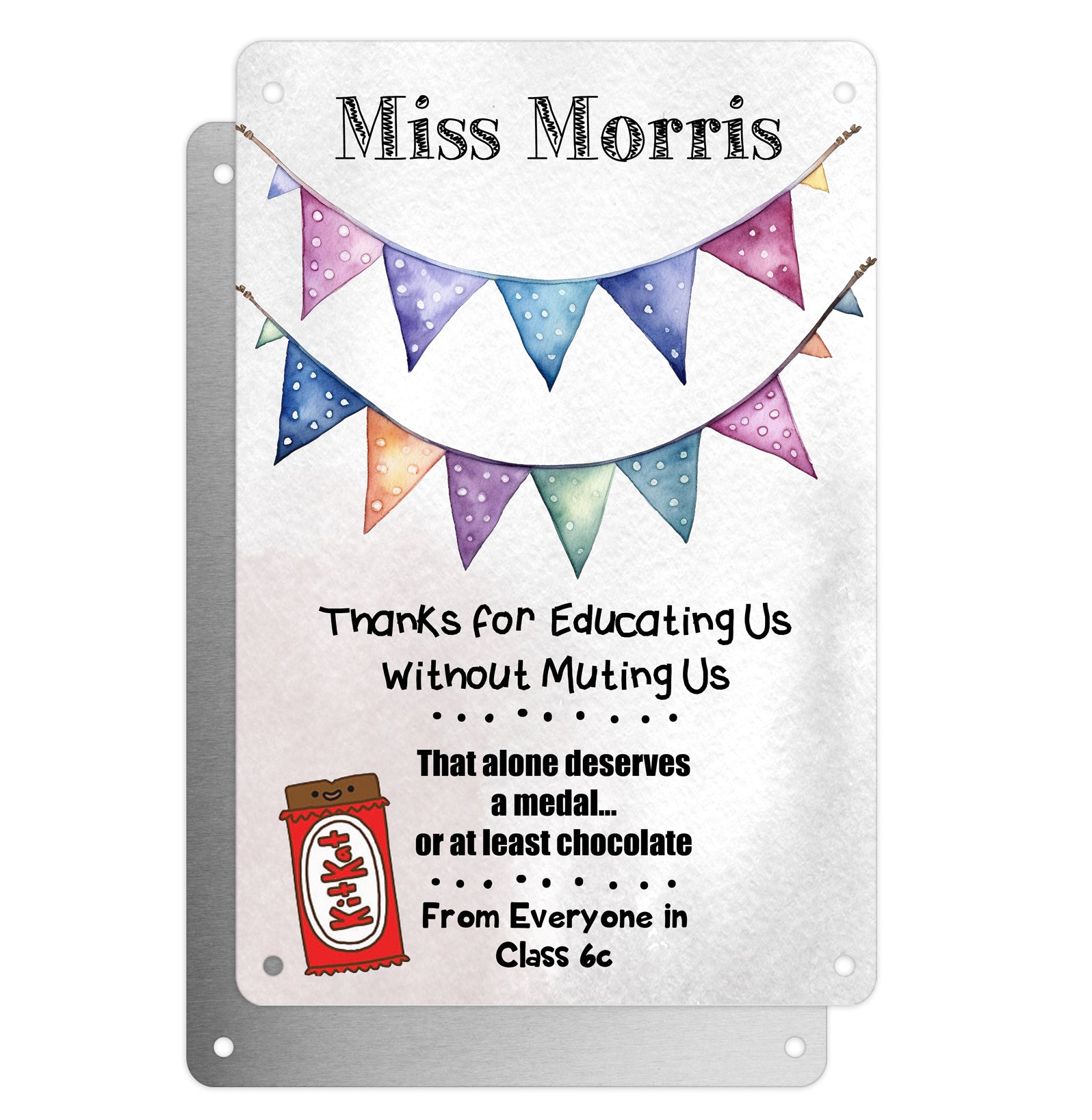 Personalised Teacher Tribute Aluminium Plaque – 'Thanks For Educating Us Without Muting Us' With Chocolate Graphic, Leaving Gift