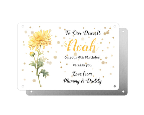 Personalised Graveside Plaque, Aluminium Bereavement Sheet, Metal Sign, Yellow Chrysanthemum Remembrance Gift