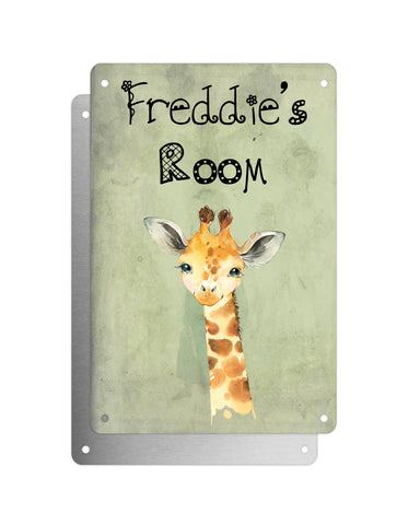 Cute Animal Personalised Name Plaque – Baby Giraffe | Vintage-Style Green Aluminium Sign for Kids’ Room