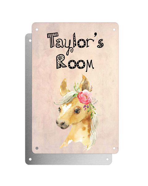 Cute Animal Personalised Name Plaque – Baby Foal With Flower | Vintage-Style Aluminium Sign for Kids’ Room
