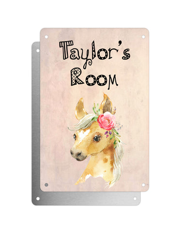 Cute Animal Personalised Name Plaque – Baby Foal With Flower | Vintage-Style Aluminium Sign for Kids’ Room