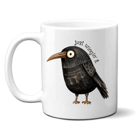 Just Wingin' It, Funny Birthday Gift with Crow Design, Personalised Mug