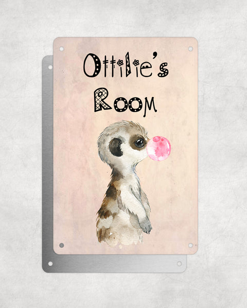 Cute Animal Personalised Name Plaque – Baby Meerkat With Bubblegum Sideview | Vintage-Style Aluminium Sign for Kids’ Room