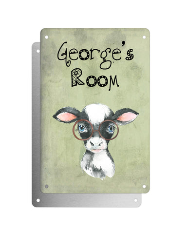 Cute Animal Personalised Name Plaque – Baby Cow With Brown Glasses | Vintage-Style Green Aluminium Sign for Kids’ Room