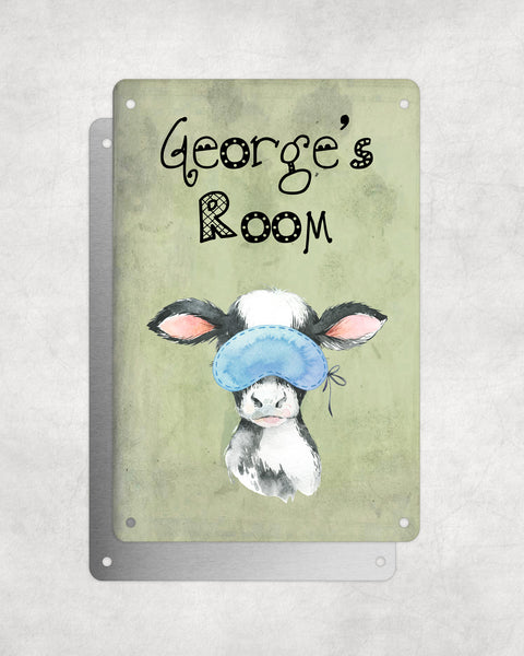 Cute Animal Personalised Name Plaque – Baby Cow With Sleep Mask | Vintage-Style Green Aluminium Sign for Kids’ Room