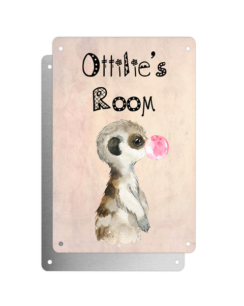 Cute Animal Personalised Name Plaque – Baby Meerkat With Bubblegum Sideview | Vintage-Style Aluminium Sign for Kids’ Room