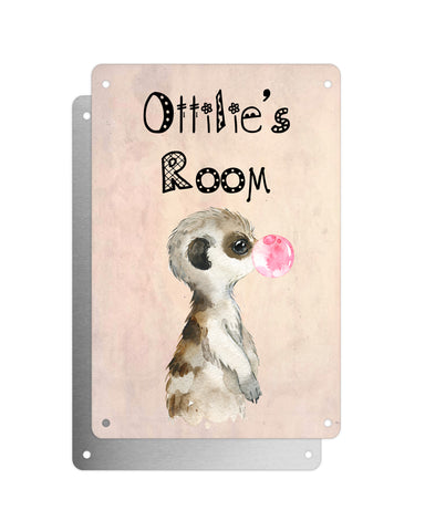 Cute Animal Personalised Name Plaque – Baby Meerkat With Bubblegum Sideview | Vintage-Style Aluminium Sign for Kids’ Room