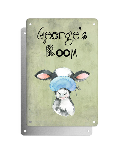 Cute Animal Personalised Name Plaque – Baby Cow With Sleep Mask | Vintage-Style Green Aluminium Sign for Kids’ Room