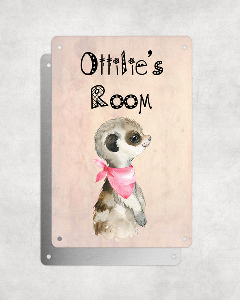Cute Animal Personalised Name Plaque – Baby Meerkat With Pink Neck Tie Sideview | Vintage-Style Aluminium Sign for Kids’ Room