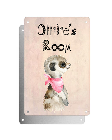 Cute Animal Personalised Name Plaque – Baby Meerkat With Pink Neck Tie Sideview | Vintage-Style Aluminium Sign for Kids’ Room