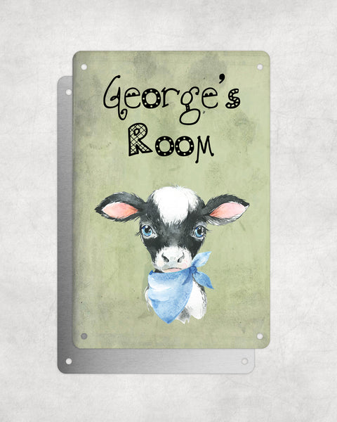 Cute Animal Personalised Name Plaque – Baby Cow With Blue Neck Tie | Vintage-Style Green Aluminium Sign for Kids’ Room