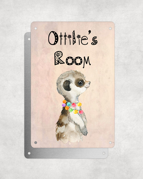 Cute Animal Personalised Name Plaque – Baby Meerkat With Hawaiian Lei Sideview | Vintage-Style Aluminium Sign for Kids’ Room