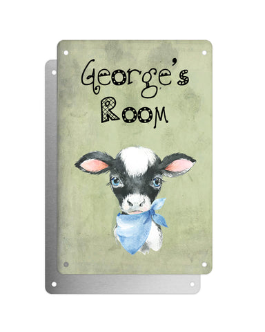 Cute Animal Personalised Name Plaque – Baby Cow With Blue Neck Tie | Vintage-Style Green Aluminium Sign for Kids’ Room