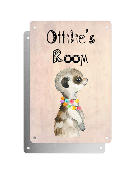 Cute Animal Personalised Name Plaque – Baby Meerkat With Hawaiian Lei Sideview | Vintage-Style Aluminium Sign for Kids’ Room