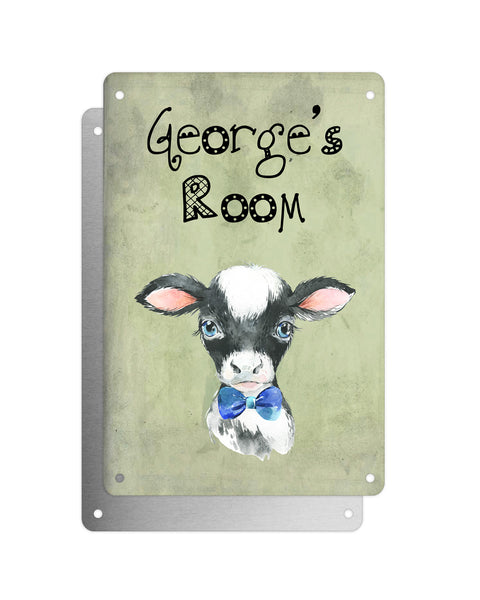 Cute Animal Personalised Name Plaque – Baby Cow With Blue Bow Tie | Vintage-Style Green Aluminium Sign for Kids’ Room